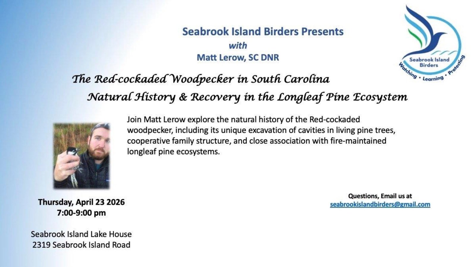 Recording of Matt Lerow Presentation on Red-cockaded Woodpecker Now Available